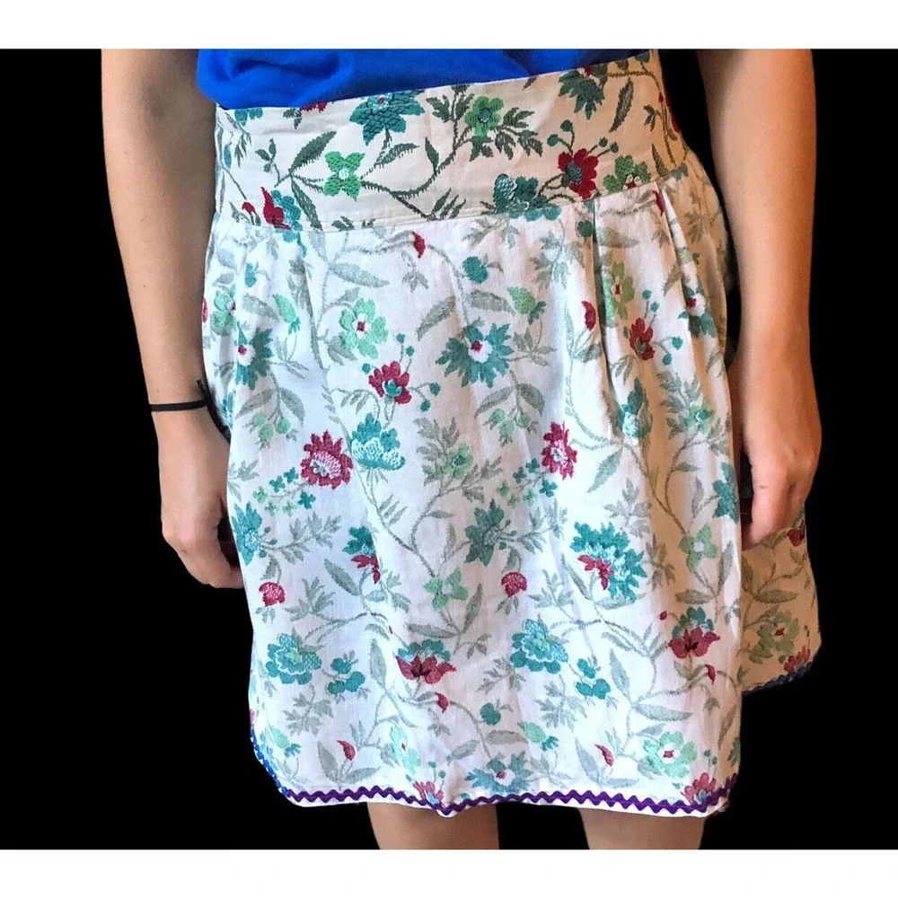 Vintage Floral Print Half Apron Tie Back Rick Rack Granny Chic 40's 50's Pocket